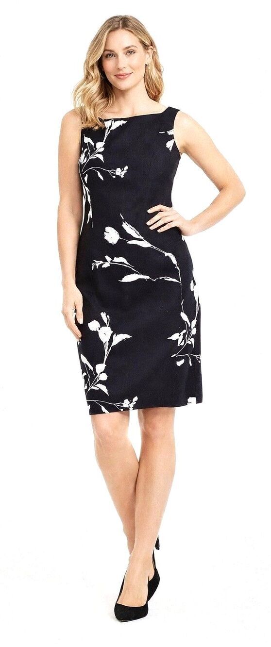 Jones New York Linen Blend Floral Sheath Dress Black White Sleeveless Size 6